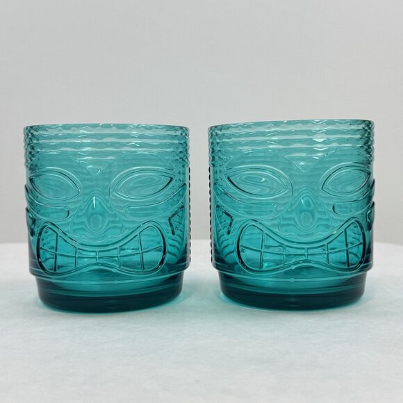 Set Of 4 Tiki Face Teal Blue Plastic Tumblers Ribbed Dishwasher Safe 16 oz - Picture 7 of 10